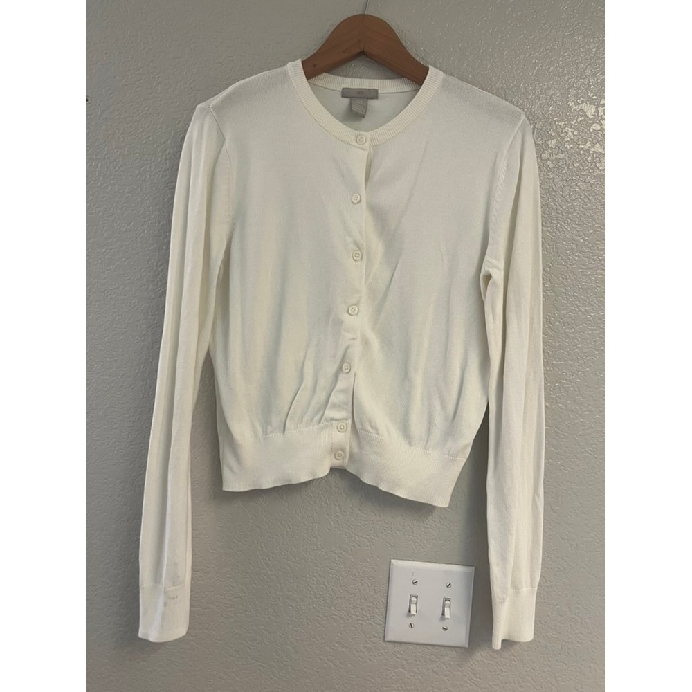 HM Off White Fine Knit Button Front Cardigan Sweater Crew Neck Womens M